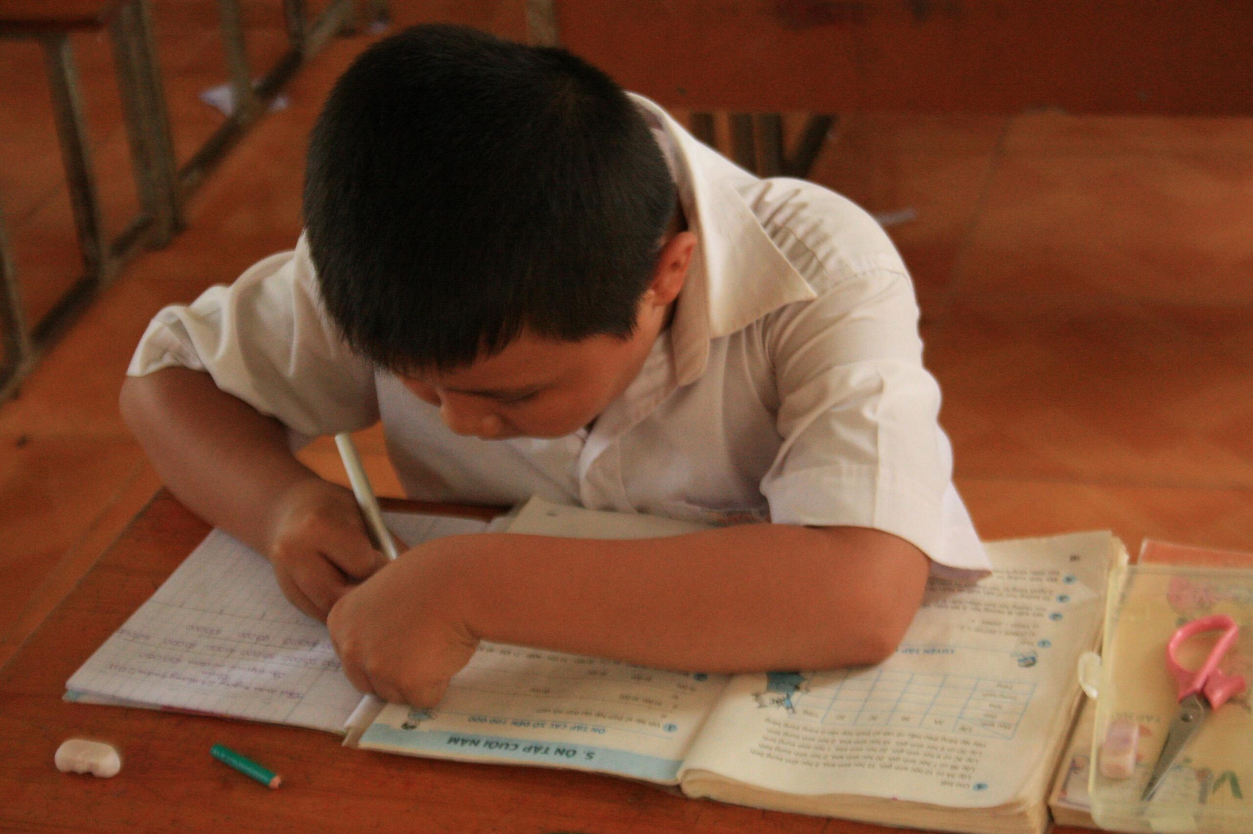 A young Vietnamese boy focused on writing during class, embodying concentration and educational dedication.