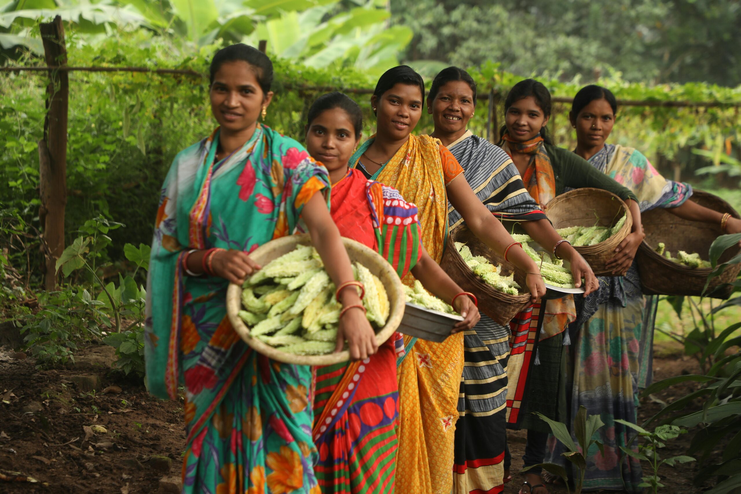 A group of smiling women farmers holding baskets of freshly picked vegetables in a lush outdoor setting.