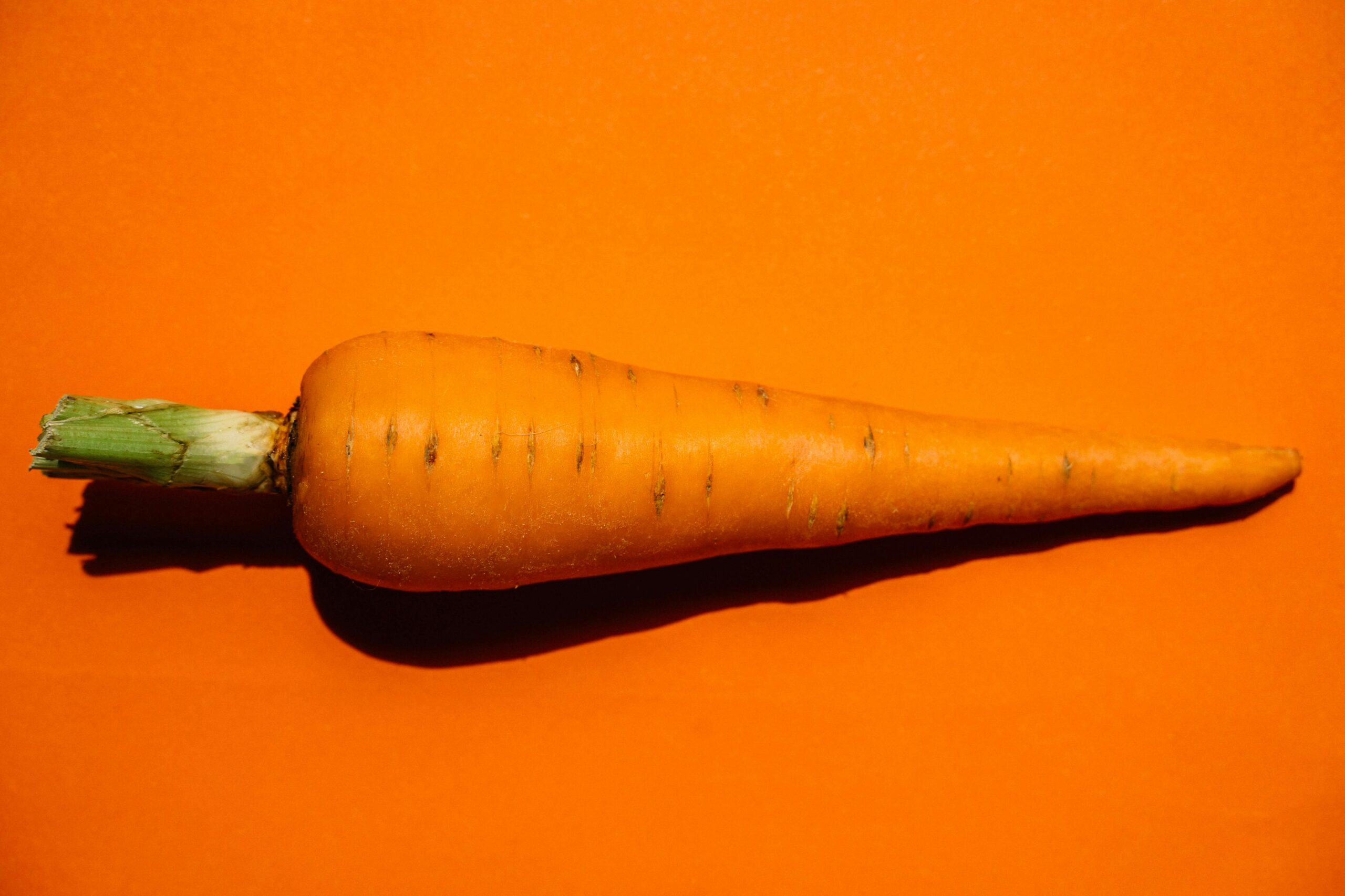 Single orange carrot on a vibrant orange background, captured from above.