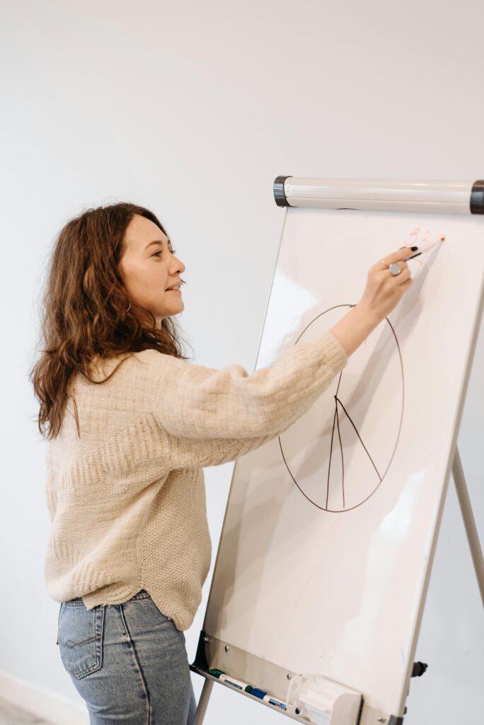 Smiling young woman writing on a whiteboard with a pie chart in an office setting.